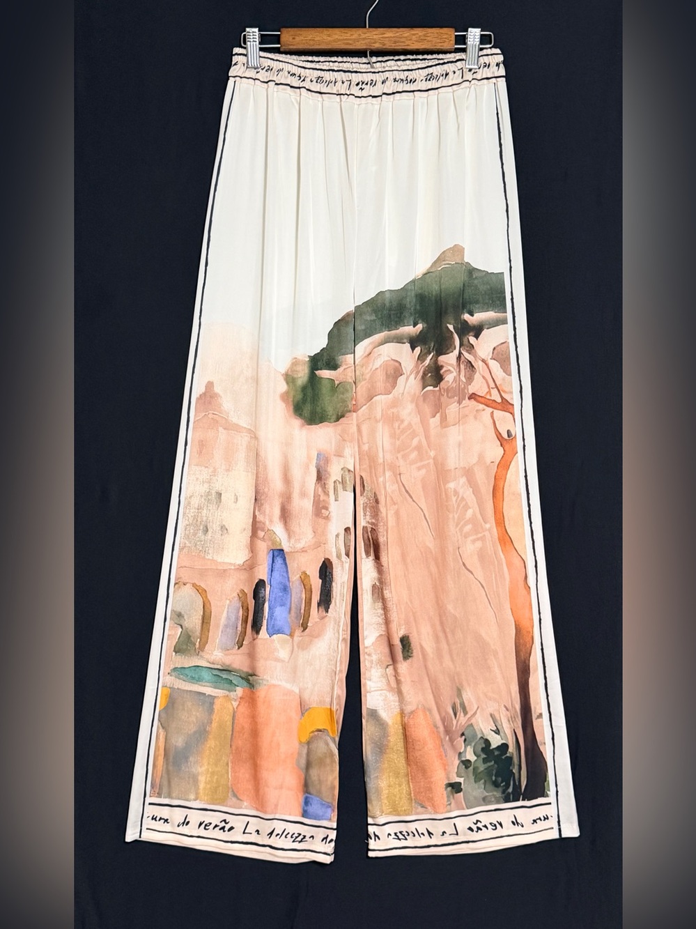 Wide Leg Painted Palazzo Pants in Cream and Peach European Italy landscape satin
